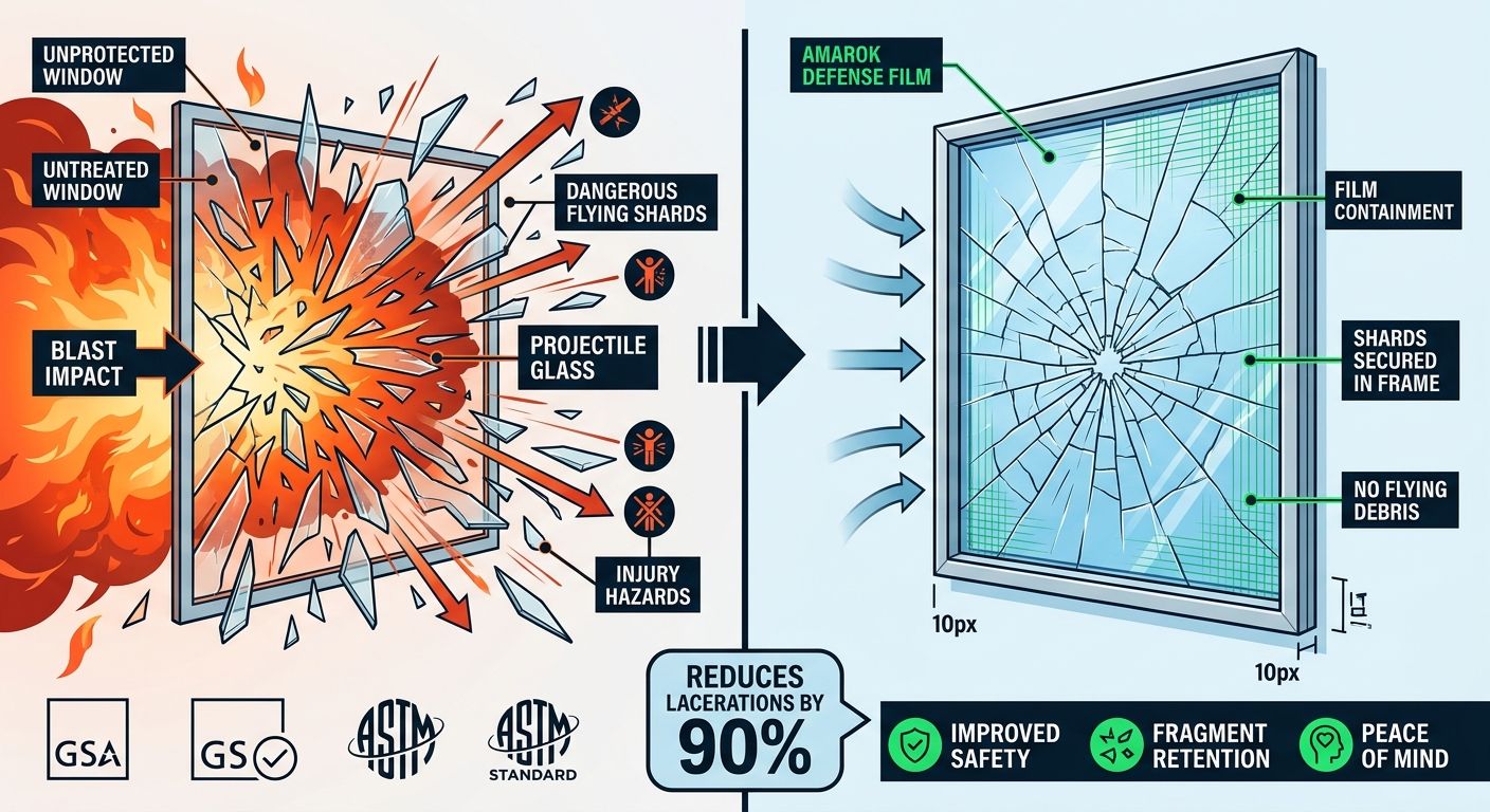 Side-by-side infographic comparing untreated exploding window hazards to blast mitigation film protection, reducing lacerations by 90%.