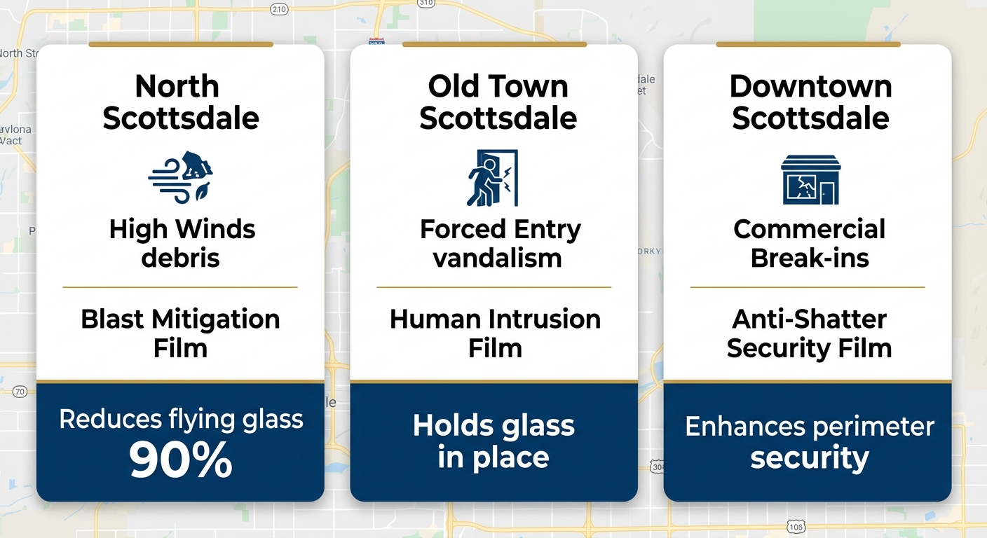 Infographic comparing window security needs in North Scottsdale, Old Town, and Downtown with specific films and benefits