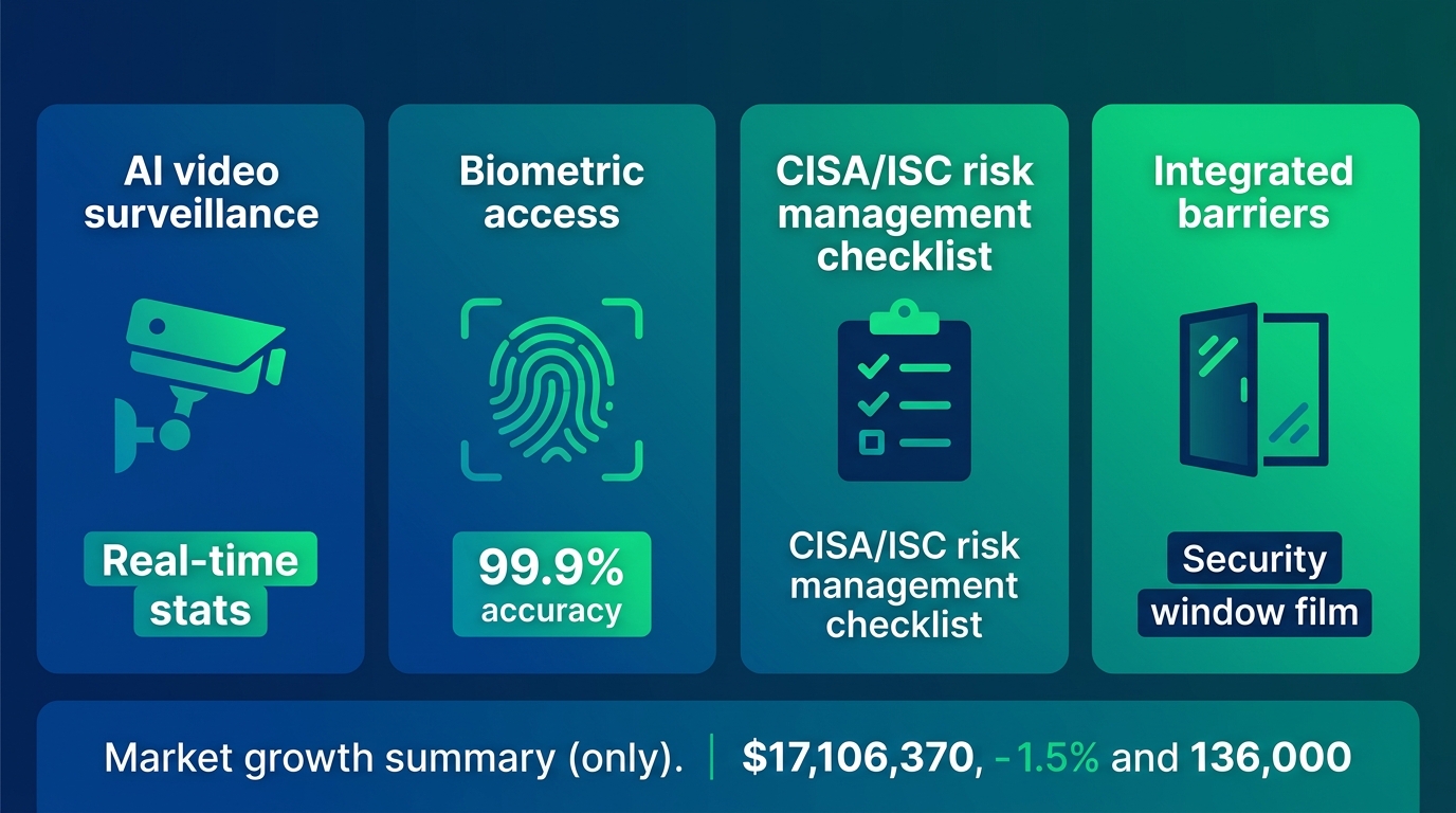 Infographic of four key physical security trends for 2026: AI surveillance, biometrics, risk management, integrated barriers.