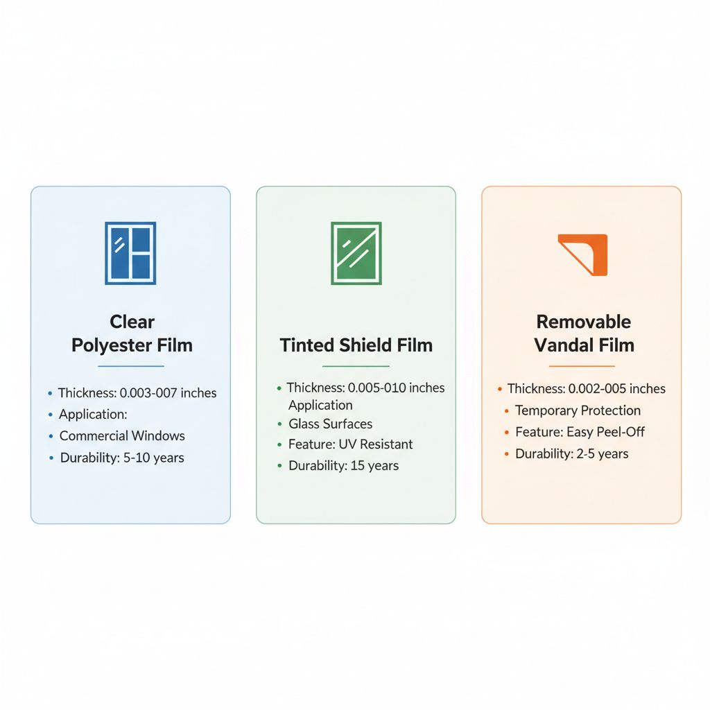 Infographic comparing three types of anti-graffiti films: Clear Polyester, Tinted Shield, and Removable Vandal, with specs and icons.