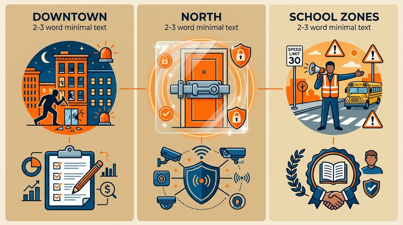 Infographic comparing security risks and recommendations in Downtown Scottsdale, North Scottsdale, and School Zones with icons.