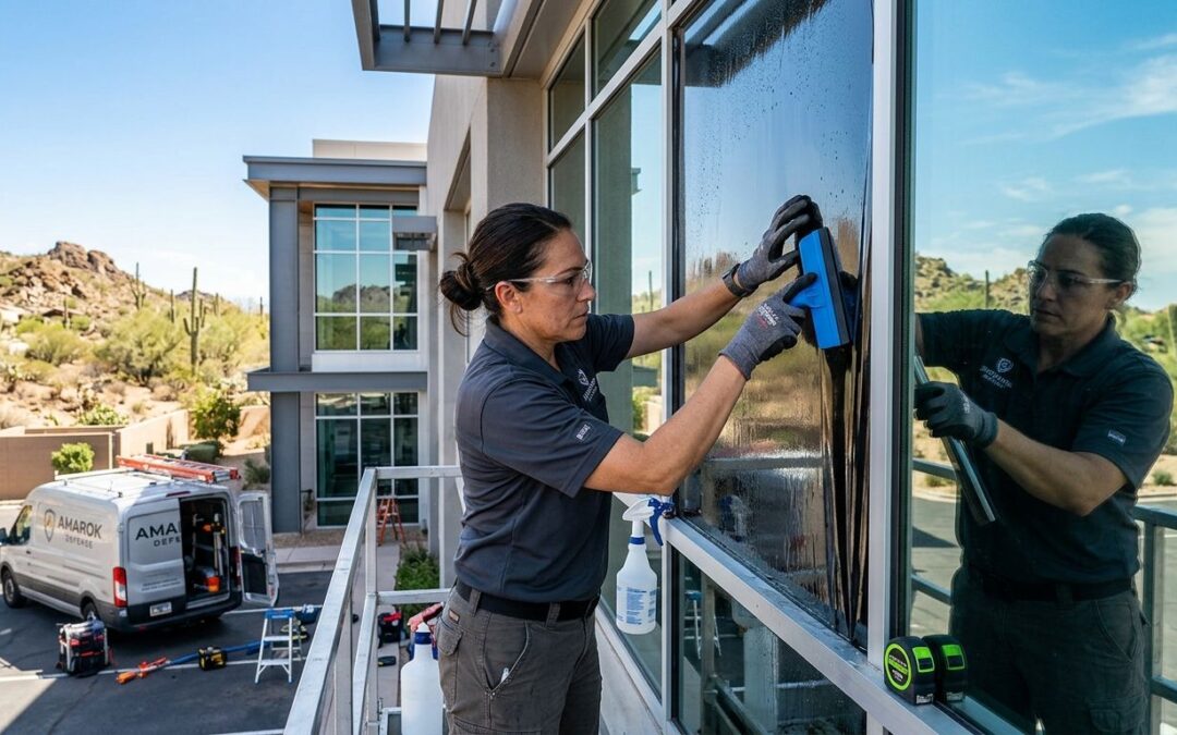 Skilled technicians installing security window film on commercial office windows in sunny Scottsdale desert