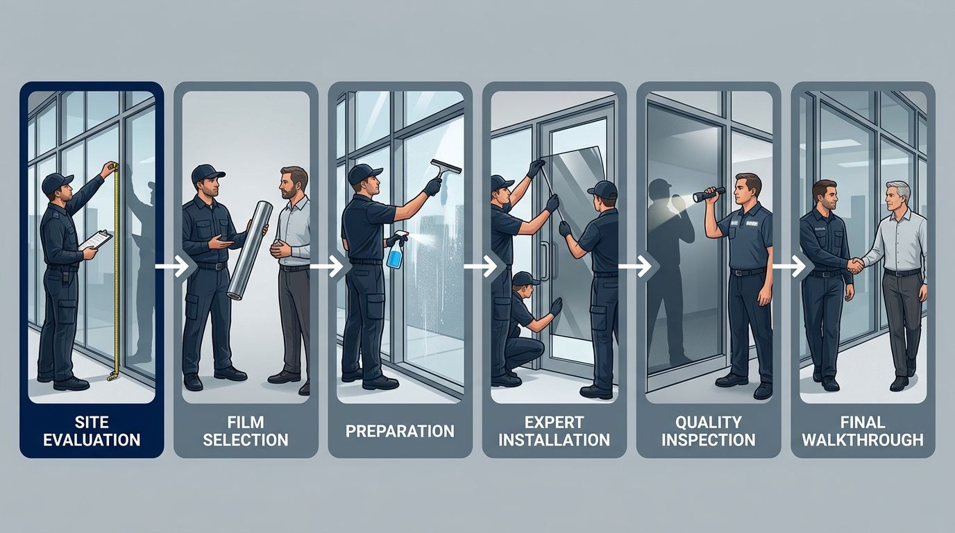 Professional six-step security window film installation process flow diagram from site evaluation to final walkthrough, designed for commercial and institutional properties in Arizona