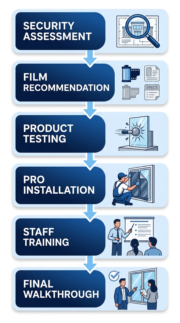 Vertical process flow diagram of six steps for security window film implementation: assessment, recommendation, testing, installation, training, walkthrough