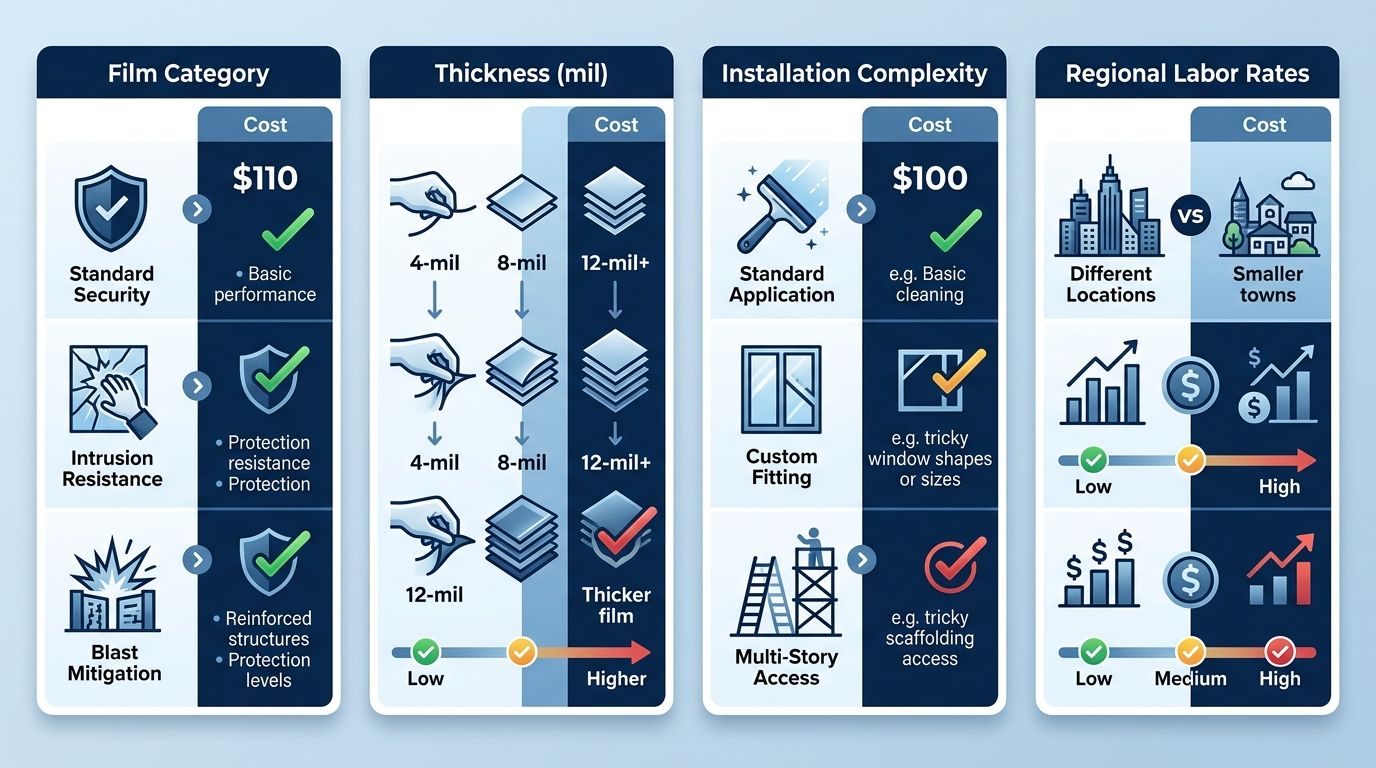 Infographic showing four key factors for security window film cost per square foot: film category, thickness, installation complexity, and regional labor rates.
