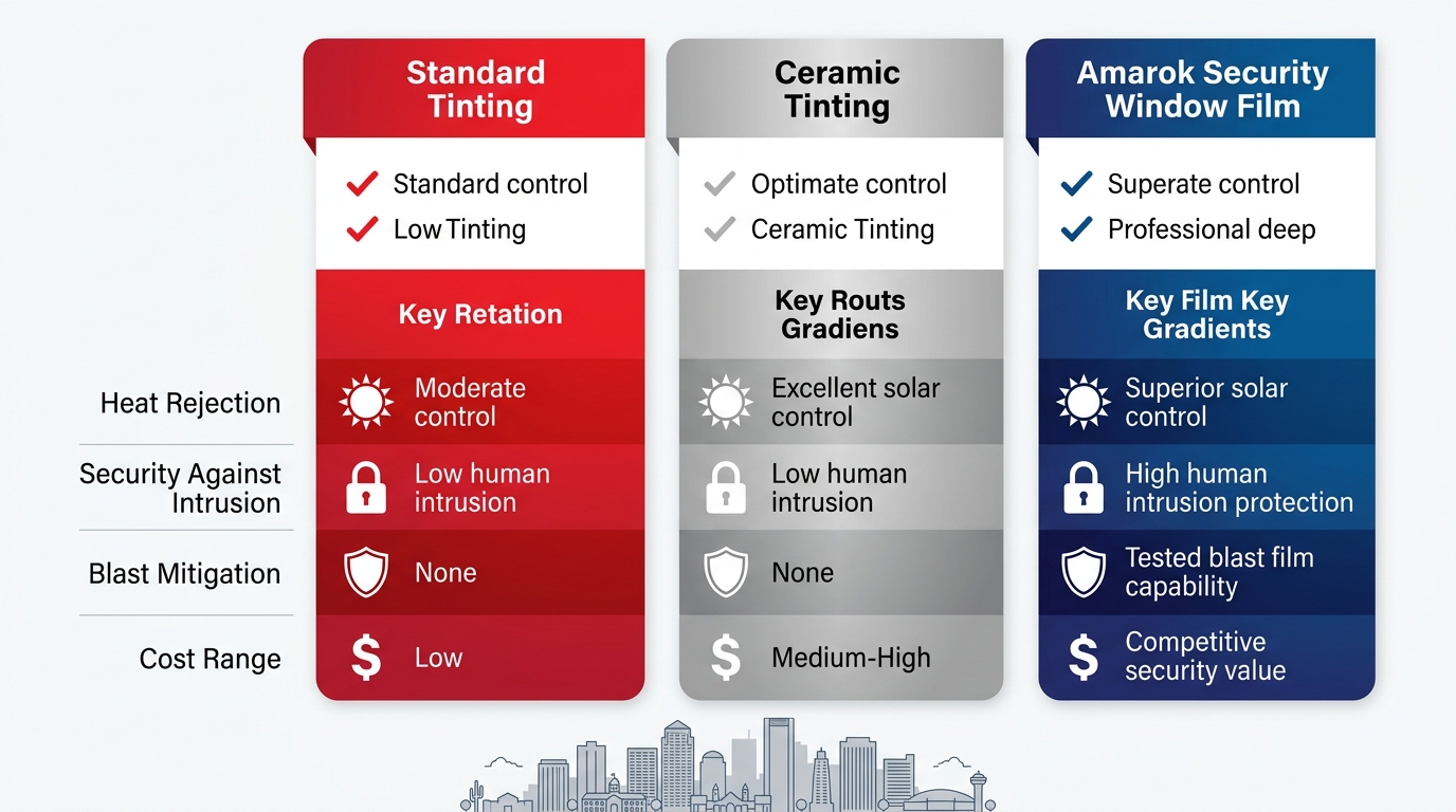 Infographic comparing Standard Tinting, Ceramic Tinting, and Amarok Security Window Film options in Scottsdale across heat rejection, intrusion security, blast mitigation, and cost.