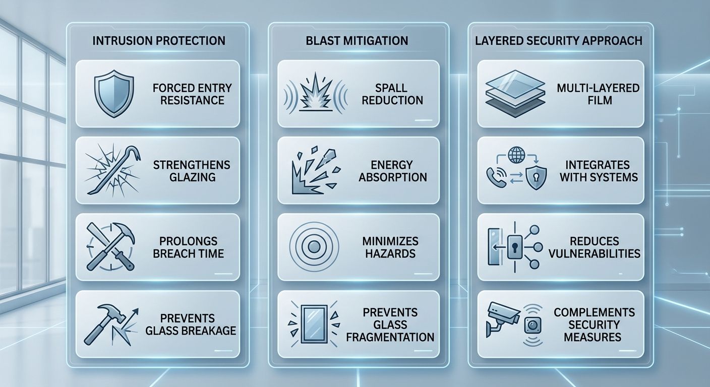 Comparison infographic showing three security window film approaches: intrusion protection with shield and clock icon, blast mitigation with contained fragments icon, and a layered security combined approach.