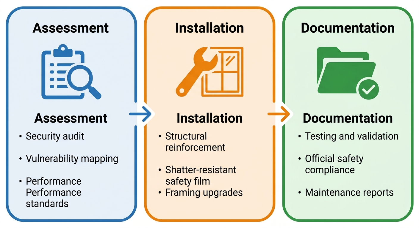Process flow diagram showing three stages of compliant glass hardening: Assessment, Installation, and Documentation.