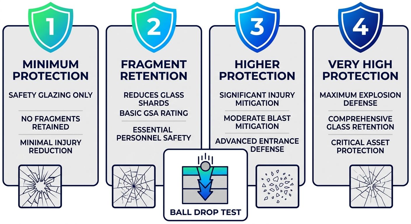 Horizontal comparison of four GSA protection levels for security window films with shield icons and impact test diagram.