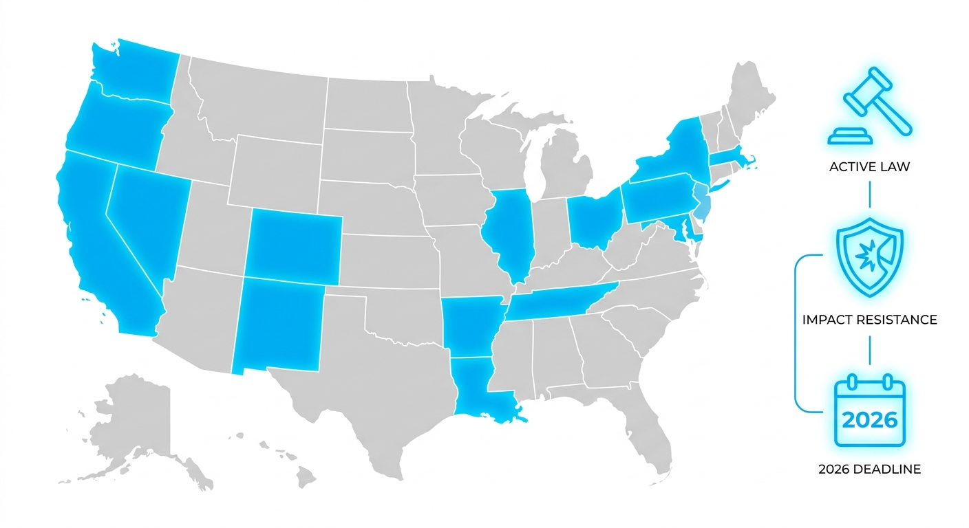 Infographic of the United States map highlighting states with active school glass hardening mandates, with icons for legislation, resistance, and deadlines.